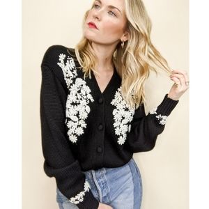 90s Floral Hand Embroidered Black & White Cardigan